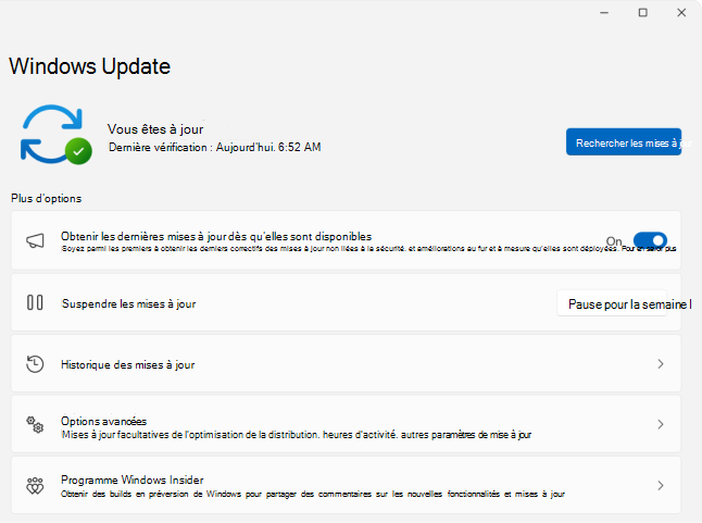 Capture d’écran de l'> Windows Update paramètres.