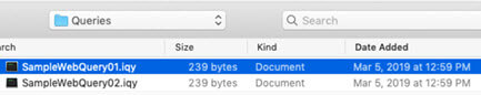 Exemples de fichiers .iqy de requête web affichés dans le volet Requêtes Mac