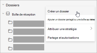 Capture d’écran de l’option Créer un dossier sélectionnée dans le menu Autres options du volet dossier