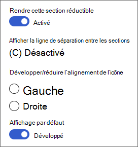 Capture d’écran des options des sections réductibles dans la boîte à outils Section.
