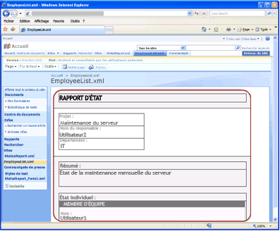 Exemple de formulaire de rapport d’état converti en page Web dans Office SharePoint Server 2007