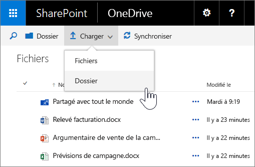 Capture d’écran illustrant le chargement d’un dossier dans OneDrive Entreprise dans SharePoint Server 2016 avec Feature Pack 1