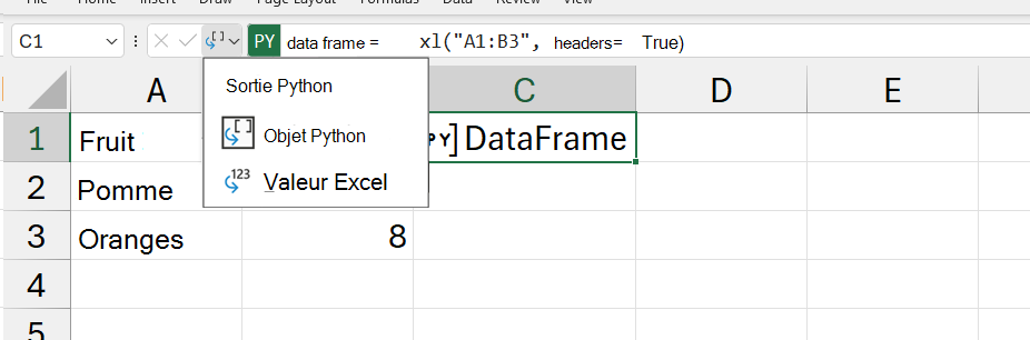 Menu de sortie Python ouvert dans Excel.