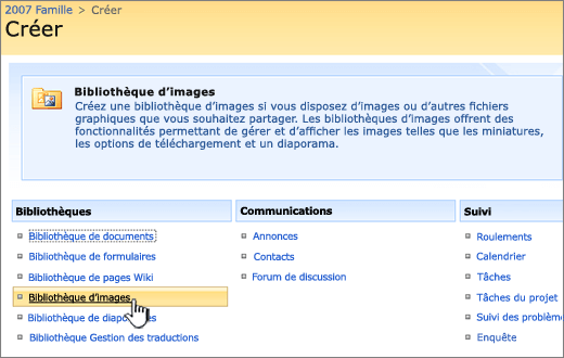 Sélection de la bibliothèque d’images dans la liste des bibliothèques sous Créer