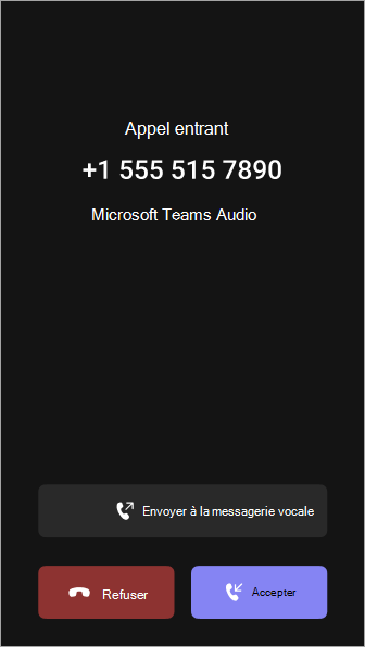 Les utilisateurs peuvent envoyer des appels entrants à la messagerie vocale à partir de l’écran d’appel entrant.
