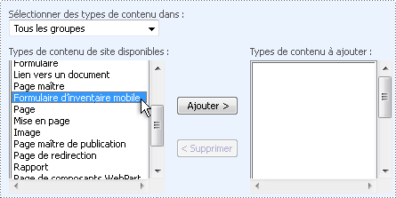 Interface utilisateur SharePoint pour l’ajout de types de contenu