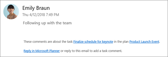 לכידת מסך: הצגת הודעת דואר אלקטרוני קבוצתית שבה עמית לעבודה משיב להערה הראשונה.