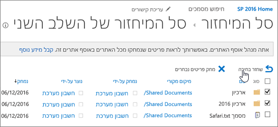 מיחזור ברמה השנייה של SharePoint עם לחצן 'שחזר' מסומן