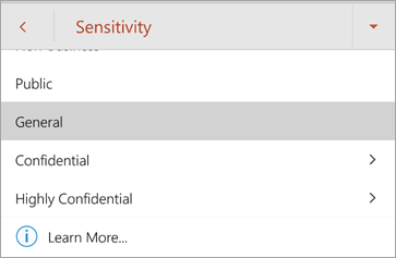 צילום מסך של תוויות רגישות ב- Office עבור Android