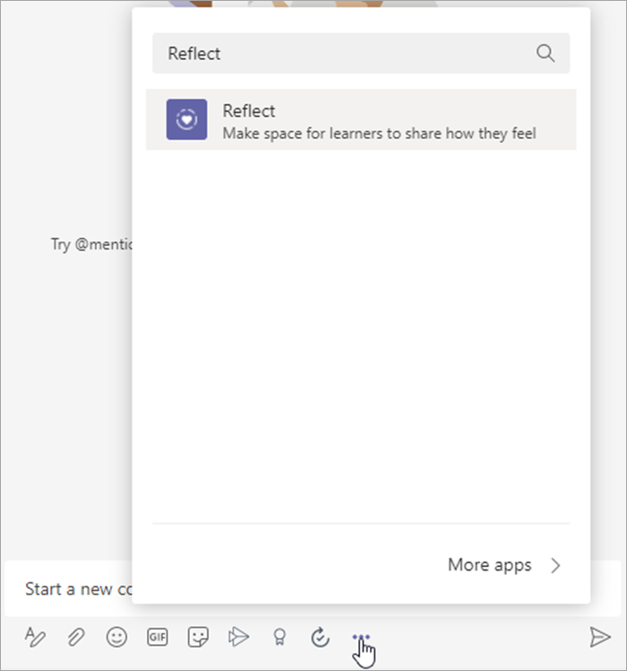 צילום מסך של סמן מרחף מעל שלוש נקודות מתחת לחלון הקופץ של הרחבת הודעת 'שיחה חדשה' מופיע עם 'שיקוף' בסרגל החיפוש.