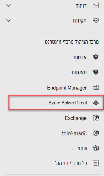 תפריט מרכזי הניהול ב- Microsoft 365 כאשר מרכז הניהול של Azure Active Directory מסומן.