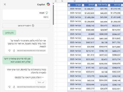 צילום מסך שמראה כיצד ניתן לסנן נתונים ב- Excel באמצעות Copilot.