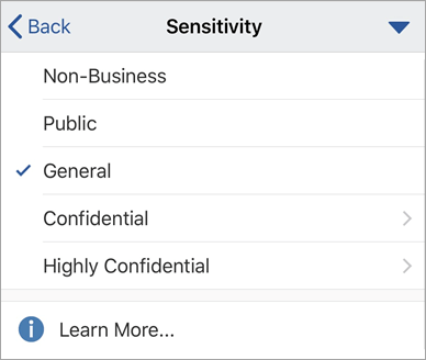 צילום מסך של תוויות רגישות ב- Office עבור iOS