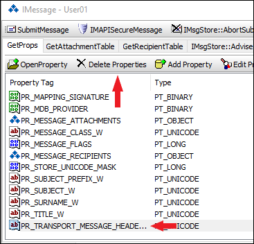 השתמש ב- OutlookSpy כדי למחוק PR_TRANSPORT_MESSAGE_HEADERS המאפיין.