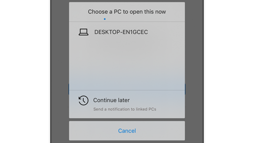 צילום מסך המציג את האפשרות 'בחר מחשב ב- Microsoft Edge' ב- iOS כדי שהמשתמש יוכל לפתוח דף אינטרנט במחשב שלו.