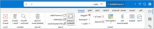 החיפוש של Outlook פותח רצועת כלים חדשה עם לחצני מסנן חיפוש.