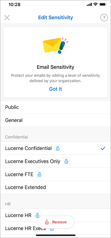 צילום מסך של תוויות רגישות ב- Outlook עבור iOS