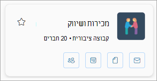 כרטיס קבוצה מציג את שם הקבוצה, מספר החברים והוא כולל סמלים עבור דואר אלקטרוני, קבצים, לוח שנה וחברים.