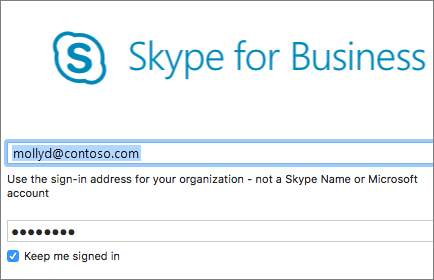 צילום מסך של מסך הכניסה אל Skype for Business.