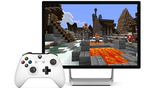 צג Surface Studio מוצג בתמונה, כאשר Minecraft מופיע על המסך, יחד עם בקר Xbox.