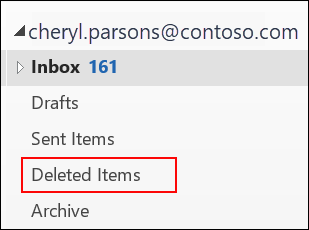רשימת התיקיות של Outlook המכילה את התיקיה 'פריטים שנמחקו'.
