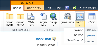 לחץ על לחצן ' תמונה ' ברצועת הכלים ובחר ממחשב, כתובת או SharePoint.