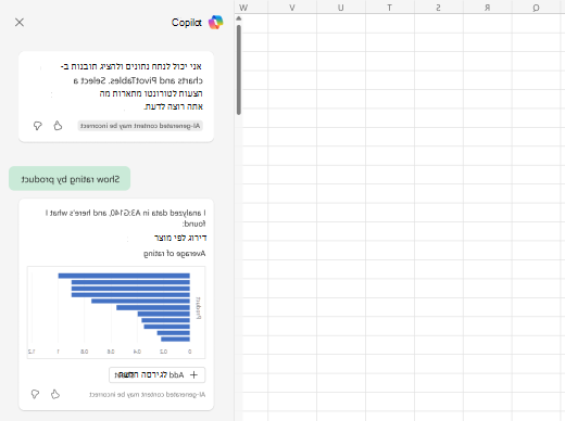 צילום מסך של האופן שבו Copilot יכול להציג נתונים שנותחו באמצעות תרשימים, גרפים וטבלאות.