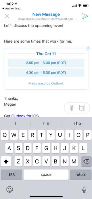 הצגת מסך iOS כאשר המועדים הזמינים מפורטים בטיוטת דואר אלקטרוני. בפינה הימנית העליונה, מופיע לחצן "X".
