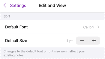 תפריט 'עריכה ותצוגה' בהגדרות OneNote עבור iOS.