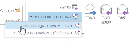 הקבוצה 'תגובה' עם רשימה נפתחת של הודעות מיידיות פתוחה וה האפשרות 'השב עם הודעה מיידית' מסומנת