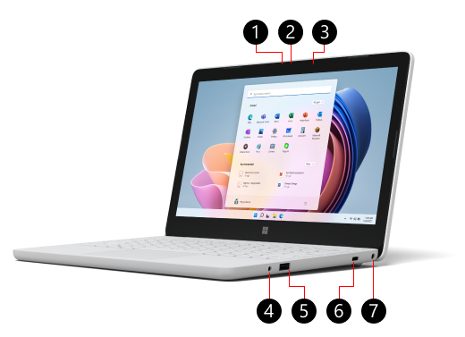 Surface Laptop SE פתוח עם מספרים ליד תכונות פיזיות של המכשיר.