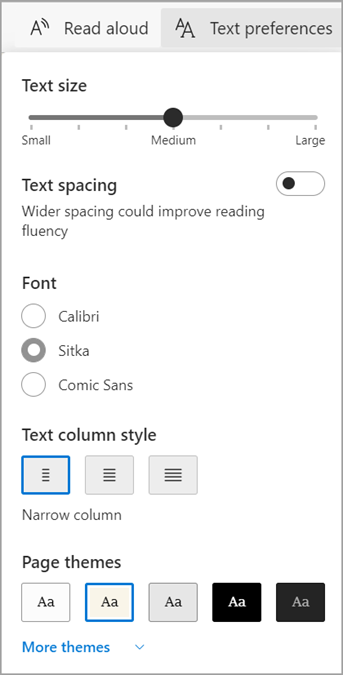 העדפות טקסט ב- תצוגת קריאה מודרנית עבור Microsoft Edge.