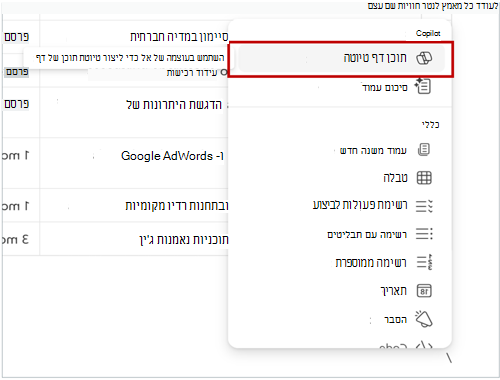 צילום מסך המציג את תפריט 'קו נטוי'. האפשרות 'תוכן דף טיוטה' מסומנת בתפריט 'קו נטוי'.