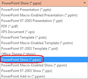 רשימת סוגי הקבצים ב- PowerPoint כוללת את "PowerPoint Show (.ppsx)".