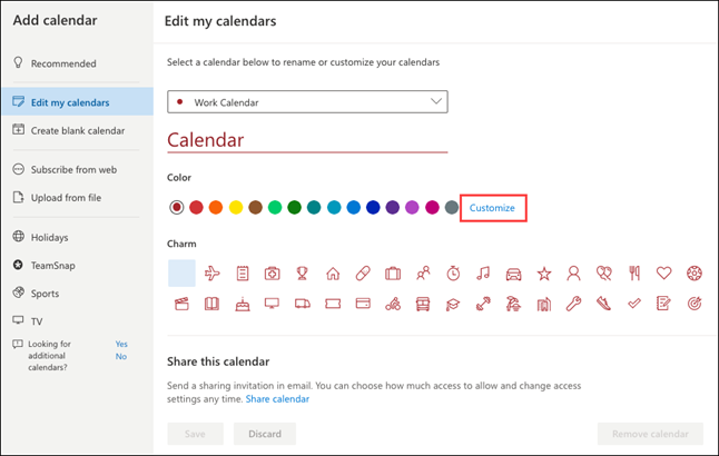 עריכת לוח שנה של לוח שנה באינטרנט של Outlook