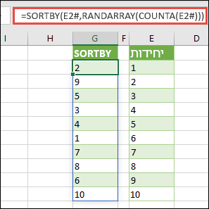 השתמש ב- SORTBY עם RANDARRAY ו- COUNTA. במקרה זה, ‎E2#‎ מפנה לטווח כולו שמתחיל בתא E2, מכיוון שהוא היה מאוכלס באמצעות ‎=SEQUENCE(10). הסימן # נקרא אופרטור טווח זולג.