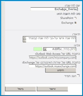 צילום מסך של תיבת הדו ' שכבת-על של לוח שנה ' ב-SharePoint. תיבת הדו מציגה את שם לוח השנה, סוג לוח השנה (Exchange), ומספקת את כתובות ה-Url של Outlook Web Access ו-Exchange Web Access.