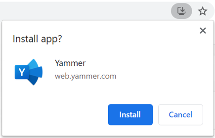 צילום מסך המציג תיבת דו-שיח להתקנה עבור PWA Yammer האפליקציה בדפדפנים Chromium מבוססי-אינטרנט