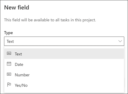 צילום מסך מתיבת הדו-שיח 'פרוייקט של שדה חדש' המציגה את הטקסט 'סוג', 'תאריך', 'מספר', 'כן/לא'