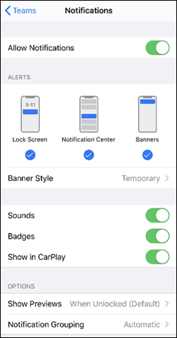 צילום מסך של תפריט 'אפשר הודעות' ב- iOS
