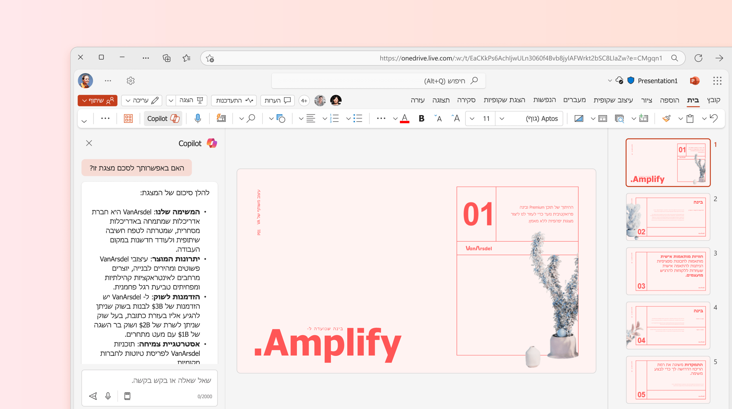 צילום מסך שמציג את Copilot ב- PowerPoint מסכם את המצגת.