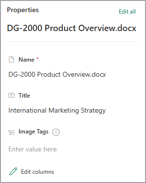 Screenshot showing the Properties for a document in a SharePoint library.