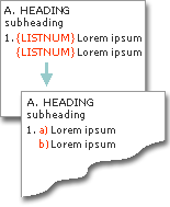 שדות LISTNUM המשמשים ליצירת אותיות באותן שורות של המספרים