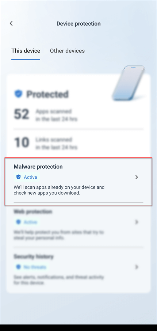 הכרטיס 'הגנה על מכשיר' ב- Microsoft Defender ב- Android מציג את המקטע 'הגנה מפני תוכנות זדוניות' מסומן.