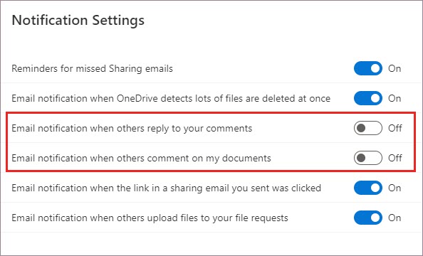 הגדרות של הודעות OneDrive