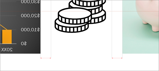 קווים מקווקווים אדומים ב- PowerPoint מיישרים שלושה אובייקטים.