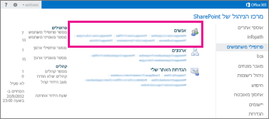 צילום מסך של מרכז הניהול של SharePoint Online עם בחירה של דף פרופילי המשתמשים.