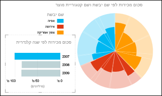 תרשים עוגה של Power View המציג מכירות לפי יבשת, כאשר נבחרו נתונים של 2007