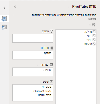 החלונית 'שדות PivotTable' ב- Excel באינטרנט מציגה שדות שנבחרו.