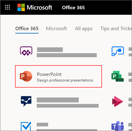 דף הבית של Office 365 שבו אפליקציית PowerPoint מודגשת
